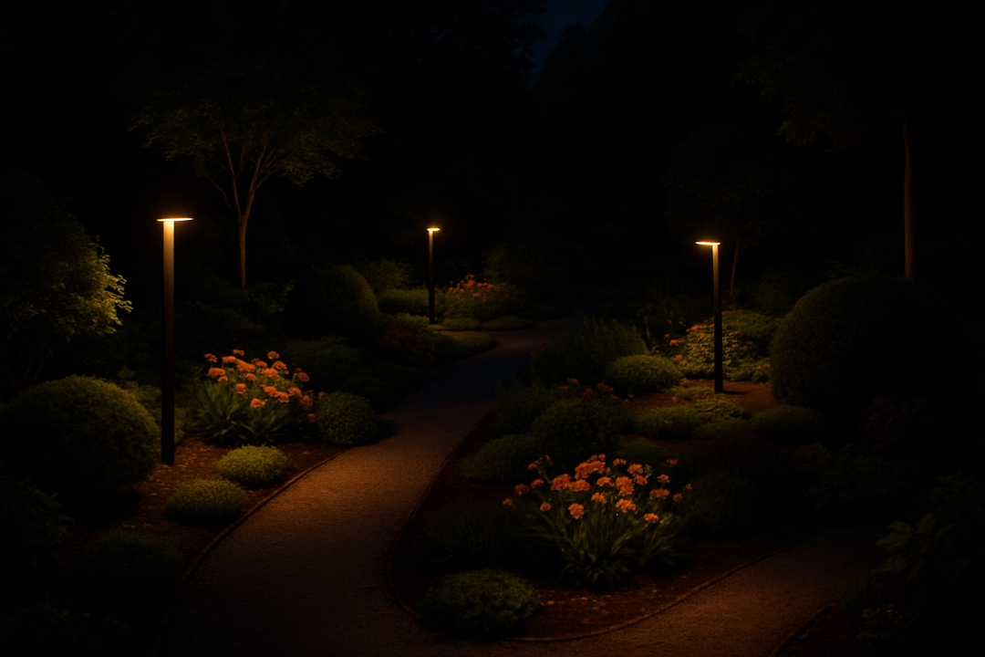 generate a high quality picture of a garden with standing lights, its a dark garden with the bright yellow lights