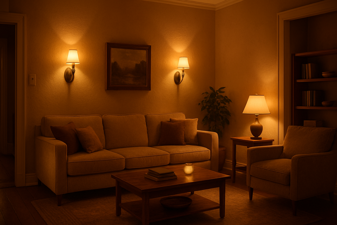 make a picture of a cozy home with warm lights and wall lights