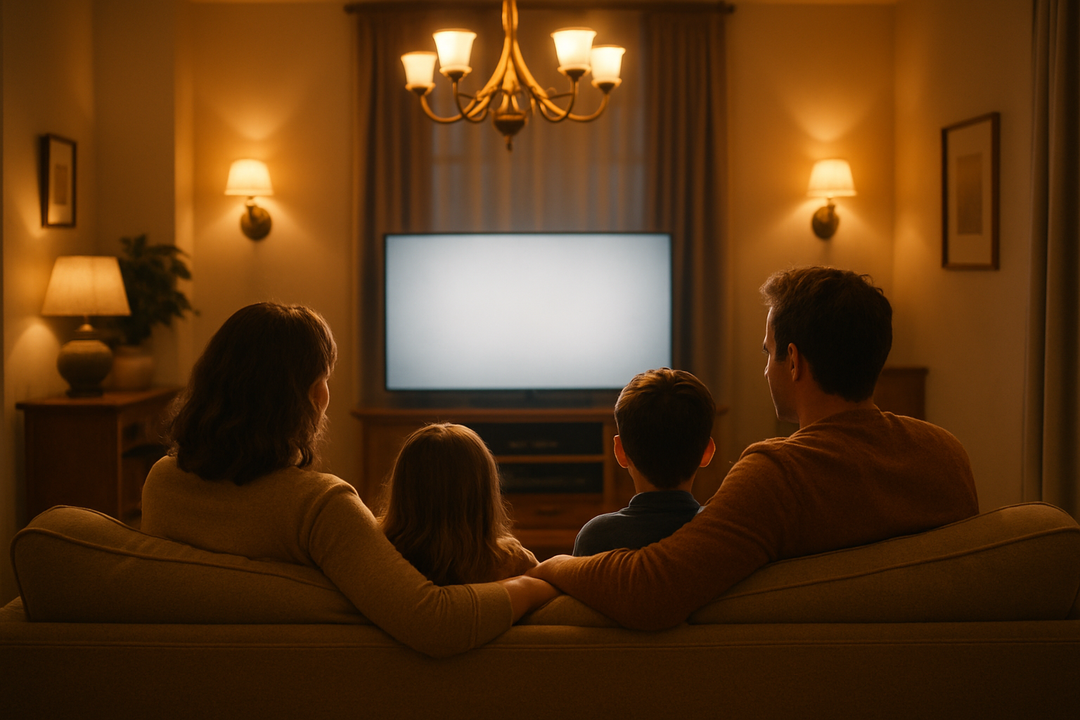 make a picture of a happy family sitting on the couch, make it so you see their backs. The house is lighten up by beautiful chandeliers, wall lights and they are in front of the television